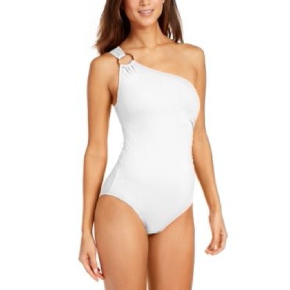 Michael Kors WHITE Iconic gold ring Solids One Shoulder One-Piece Swimsu…